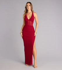 Kristy Mesh Corset Lace-Up Slit Formal Dress