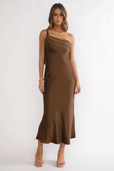 Carmel One-Shoulder Sash Maxi Dress Chocolate