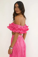 Amaria Off-Shoulder Lettuce Edge Crop Top Hot Pink