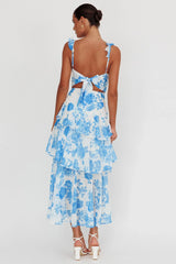 Veda Ruffle Strap Split Maxi Dress Floral White/Blue