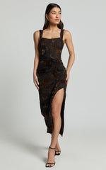 Karlene Midi Dress - Ruched Corset Burnout Dress in Black and Brown
