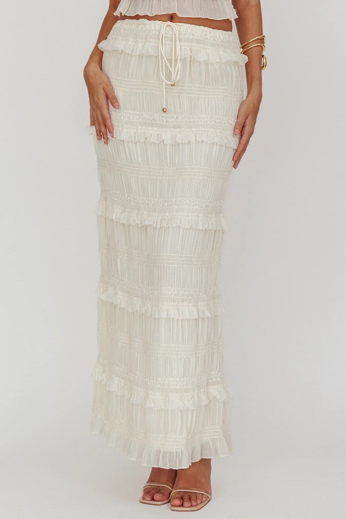 Helios Shirred Sequin Maxi Skirt Beige