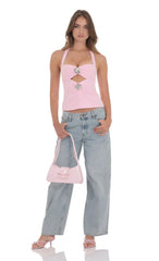 Cutout Floral Embellished Top in Pink