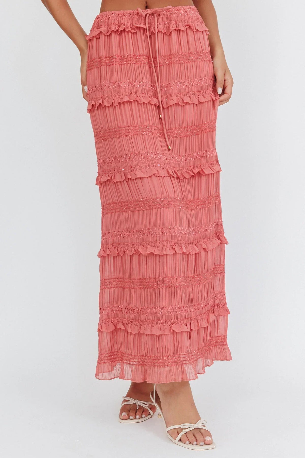 Helios Shirred Sequin Maxi Skirt Rose